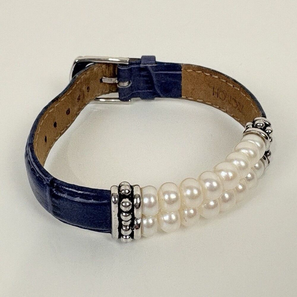Honora Freshwater Pearl Blue Leather Silver Bracelet Adjustable Signed Classic